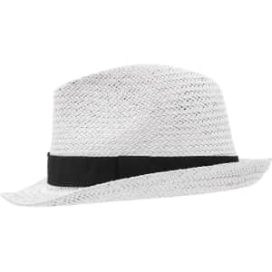 A white straw hat with a black band, featuring a classic shape and woven texture.
