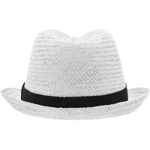 A white straw hat with a black band, featuring a wide brim and textured weave.