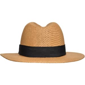 A tan straw Traveller Hat with a black band, featuring a classic wide brim design.