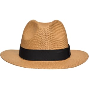 A tan straw hat with a wide brim and a black band around the base. It has a textured design and no visible logos.