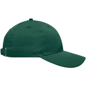 A green six-panel workwear cap with a curved brim and an adjustable back strap, featuring a logo.