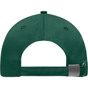 A green 6 panel workwear cap with a rear strap and an adjustable buckle. It features a logo on the side.