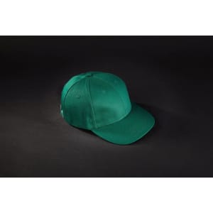 A green 6 panel workwear cap with a curved brim and a logo on one side.