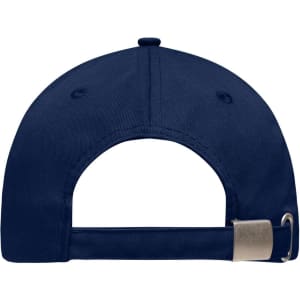 A navy blue 6 panel workwear cap featuring a buckle closure at the back and a branded logo.