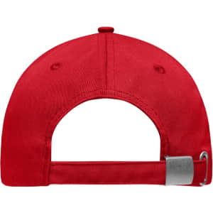 A red 6 panel workwear cap featuring a metal adjustable strap at the back and a logo detail.