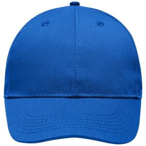 A blue 6 panel workwear cap with a curved brim and a logo on the front.