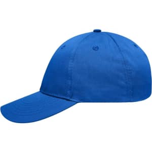 A blue 6-panel workwear cap with a curved brim and a logo on the side.