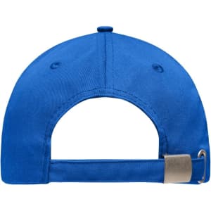 A blue 6 panel workwear cap with a metal adjuster on the back and a logo on the side.