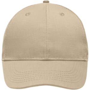 A beige 6-panel workwear cap with a rounded brim and a logo on the front.