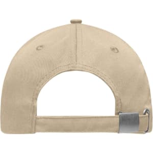 A beige 6 panel workwear cap with a curved brim and an adjustable strap at the back, featuring a logo.