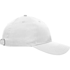 A white 6-panel workwear cap featuring a buckle adjustment and a logo on the front.