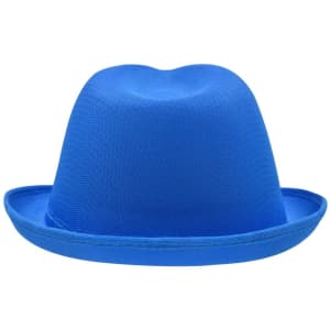 A blue promotional hat with a structured design and a wide brim. It features a logo on the side.