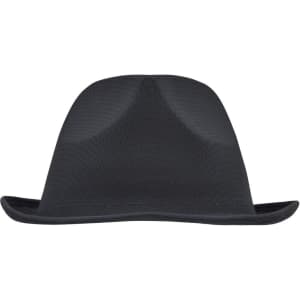 A black promotional hat with a wide brim and a structured top. It features a logo on the side.