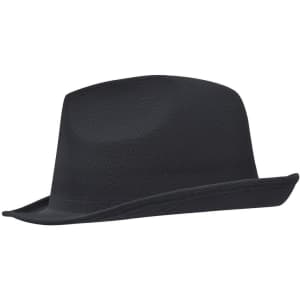 A black fedora hat with a wide brim and smooth finish, featuring a subtle logo detail.