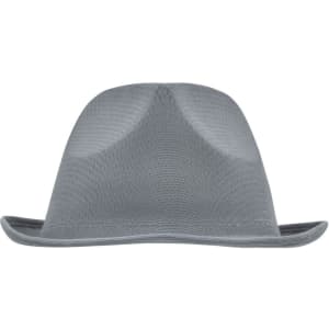 A grey hat with a unique shape and a subtle texture, featuring a branding logo.