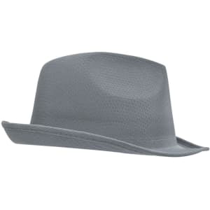 A grey promotional hat with a structured design and a wide brim, featuring a logo on the side.