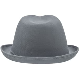 A grey promotional hat with a rounded top and a wide brim, featuring a logo on the side.