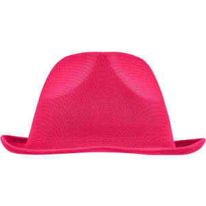 A pink promotion hat with a wide brim and a structured top, featuring a logo on the side.