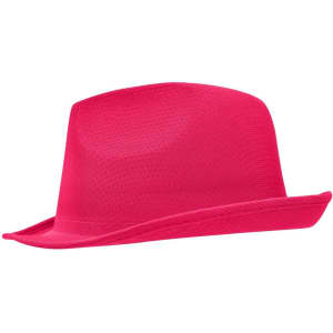 A bright pink fedora hat with a stylish brim and a lightweight design. It features a logo on the side.