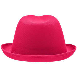 A bright pink hat with a rounded crown and wide brim, featuring a logo on the side.
