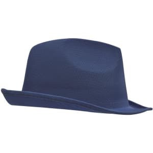 A navy blue hat with a broad brim and a structured crown. It features a logo on the side.
