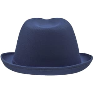 A navy blue promotional hat with a rounded crown and a wide brim. It features a logo.