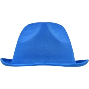 A blue promotional hat featuring a simple design and a logo. The hat has a wide brim and a structured top.