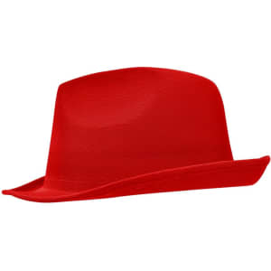 A red promotional hat with a wide brim and a stylish design. Features a logo on the band.