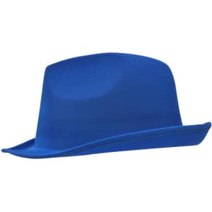 A blue promotional hat with a structured design and a wide brim, featuring a logo.