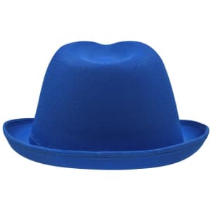 A blue hat with a rounded top and wide brim, featuring a logo.