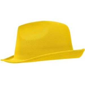 A yellow hat with a wide brim and a slightly tapered crown, featuring a logo.
