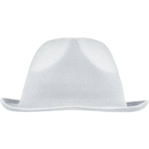 A white promotion hat with a wide brim and a smooth texture, featuring a logo on the front.