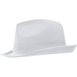 A white hat with a short brim and a sleek design, featuring a logo on the side.