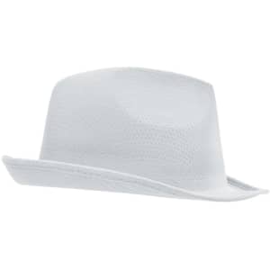 A white fedora hat with a smooth texture and a wide brim. It features a logo on the side.