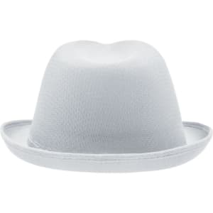 A light grey promotional hat with a rounded top and a wide brim. Features a branding logo.