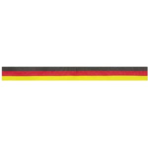A promotional ribbon featuring horizontal stripes in black, red, and yellow. It has a branding logo.