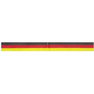 A ribbon featuring black, red, and yellow stripes, designed for promotional use. It has a logo at one end.