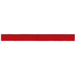 A red promotional ribbon designed for use with hats, featuring a simple, flat design and an unspecified logo.