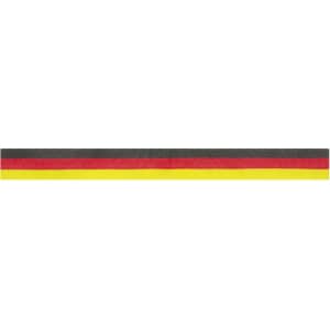 A ribbon featuring black, red, and yellow stripes, along with a branding logo.