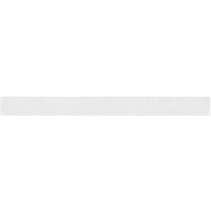 A white promotional ribbon with a smooth texture, featuring a logo at one end.