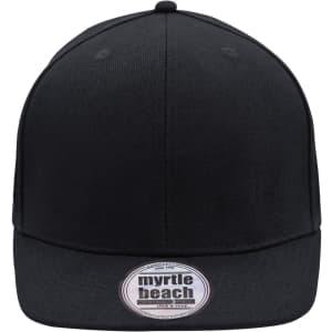 A black 6 panel cap with a curved brim and a logo on the front.