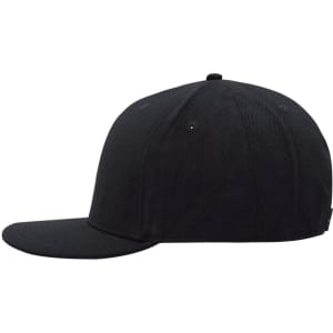 A black six-panel cap with a curved peak and a small branding logo.