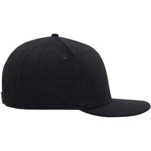 A black 6-panel cap styled hat featuring a logo on the side, showcasing a classic design and flat brim.
