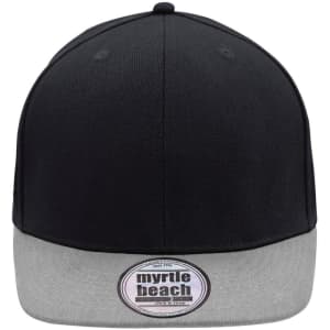 A black cap with a grey brim and a logo sticker on the front.