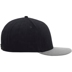 A black 6 Panel Pro Cap with a grey peak, featuring a logo on the side.
