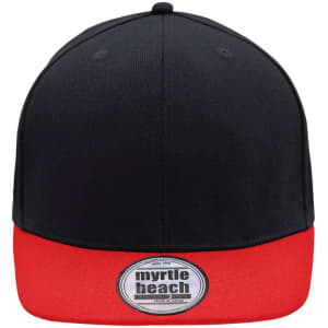 A black and red six-panel cap featuring a circular branding logo on the front.