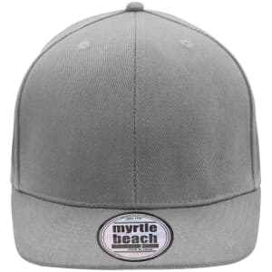 A grey six-panel cap with a flat brim and a logo on the front.