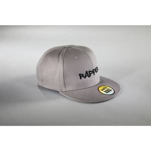 A grey six-panel cap featuring embroidery and a branded tag on the side.