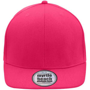 A bright pink cap featuring a flat brim and a logo on the front.