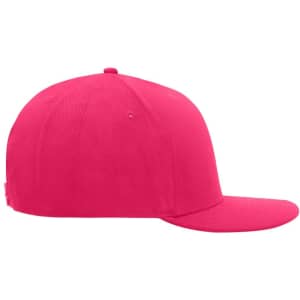 A bright pink 6 Panel Pro Cap with a straight visor and a logo on the side.